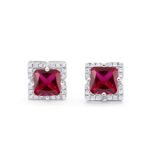 Halo Princess Cut Engagement Bridal Stud Earrings Simulated Ruby CZ