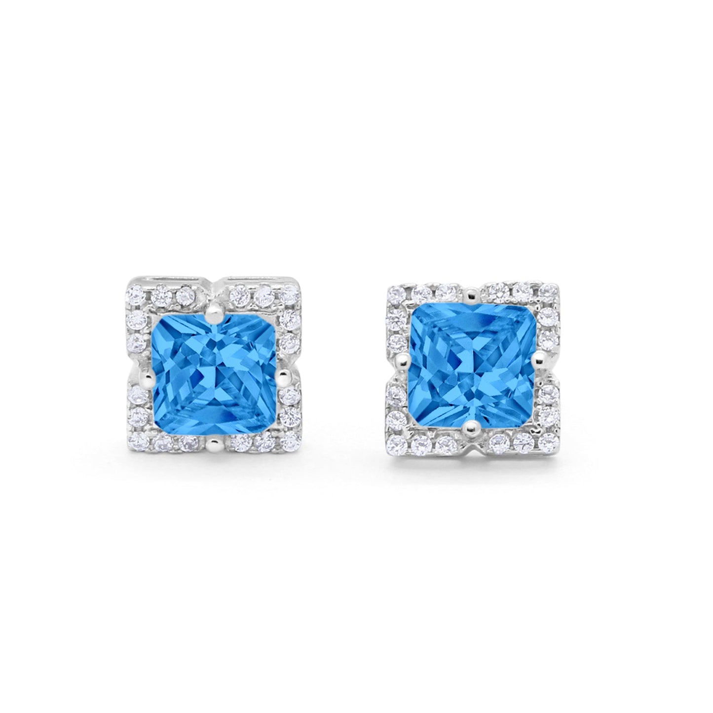 Halo Princess Cut Engagement Bridal Simulated Blue Topaz CZ Stud Earrings