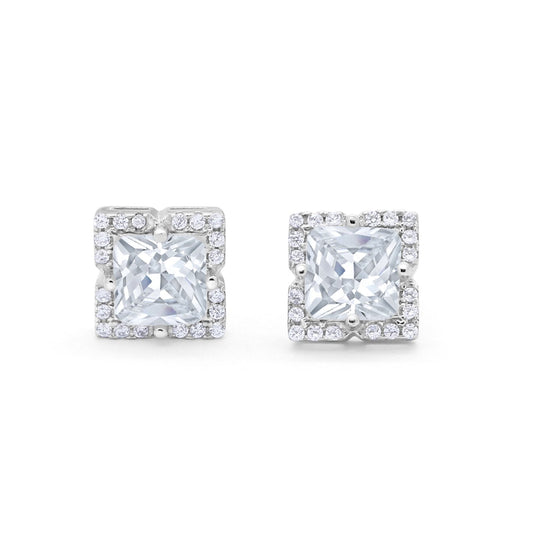 Halo Princess Cut Engagement Bridal Stud Earrings Simulated CZ