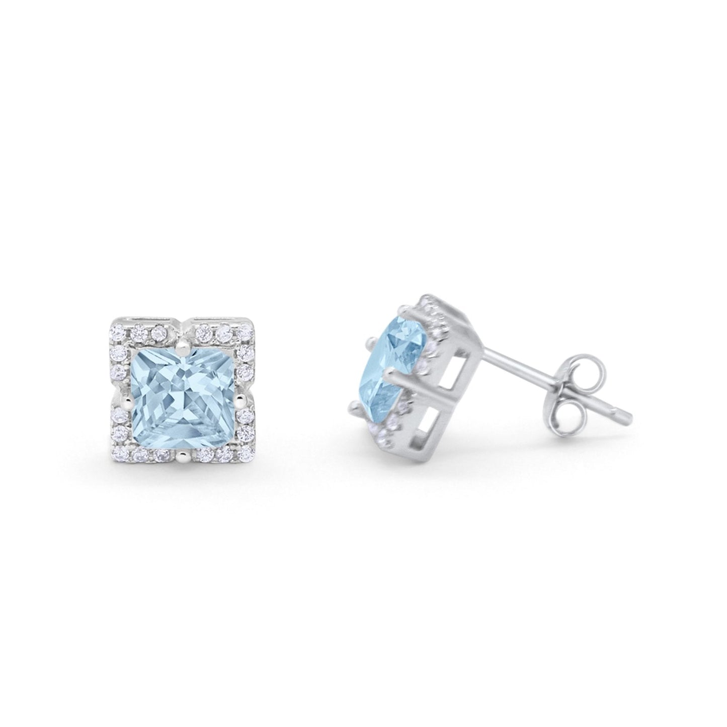 Halo Princess Cut Engagement Bridal Stud Earrings Simulated Aquamarine CZ