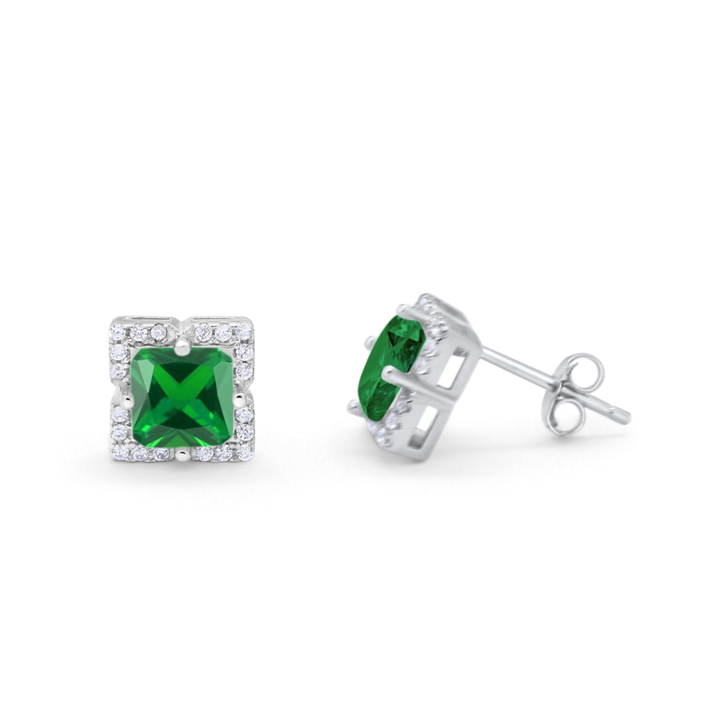 Halo Princess Cut Engagement Bridal Stud Earrings Simulated Green Emerald CZ