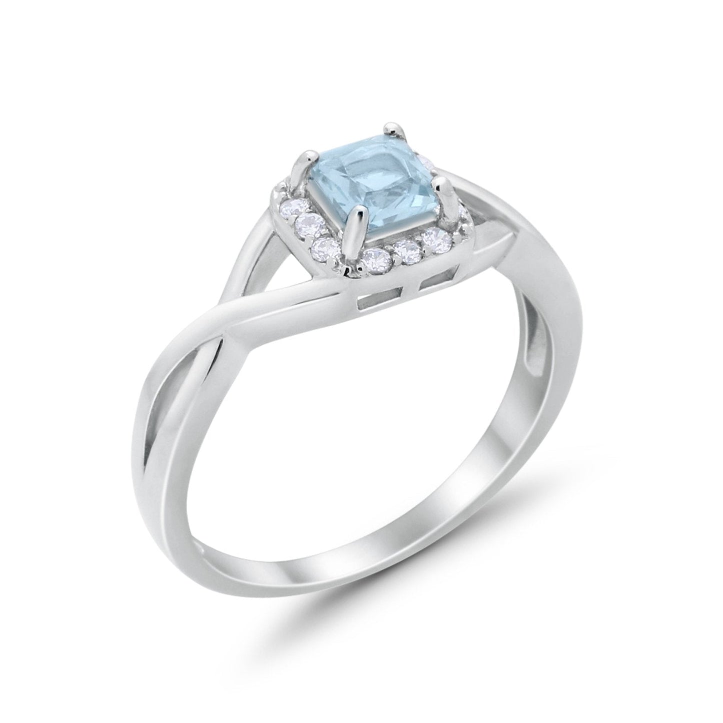 Solitaire Infinity Shank Ring Princess Cut Simulated Aquamarine CZ