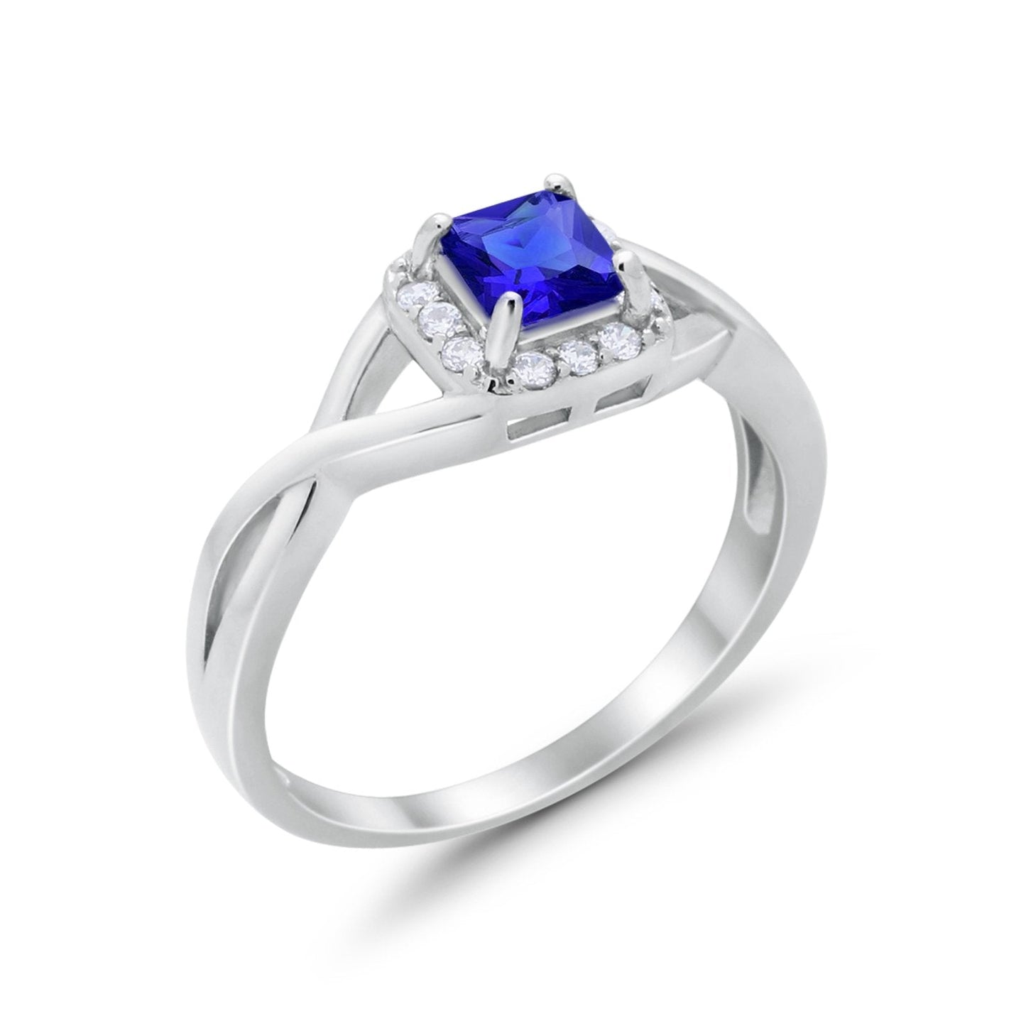 Solitaire Infinity Shank Ring Princess Cut Simulated Blue Sapphire CZ