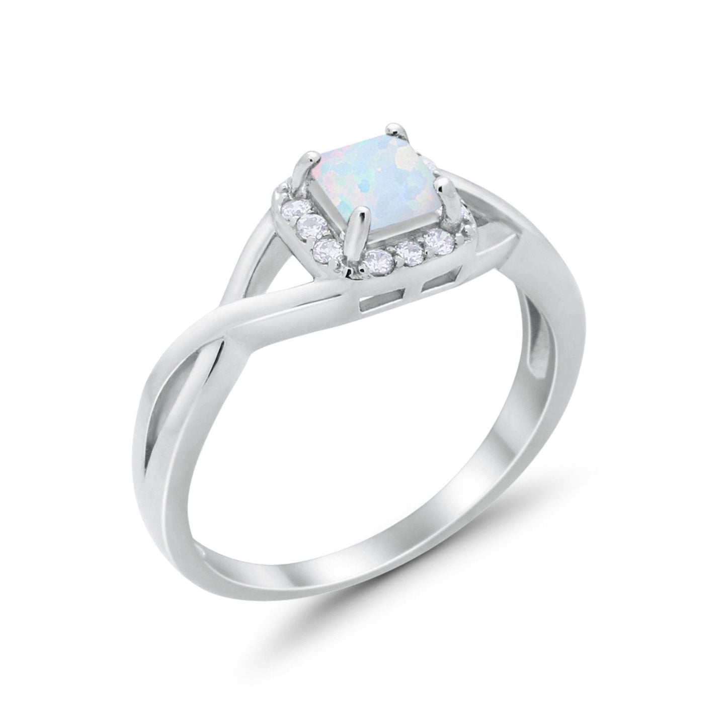 Solitaire Infinity Shank Ring Princess Cut Lab Created White Opal