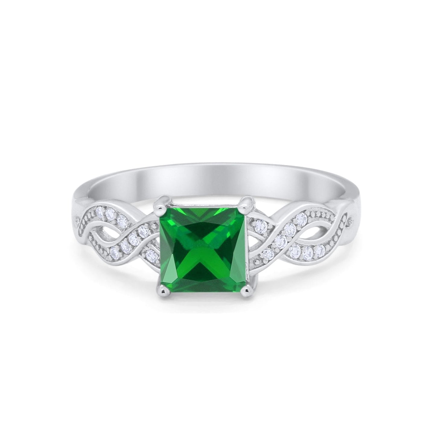 Solitaire Infinity Shank Ring Princess Cut Simulated Green Emerald CZ