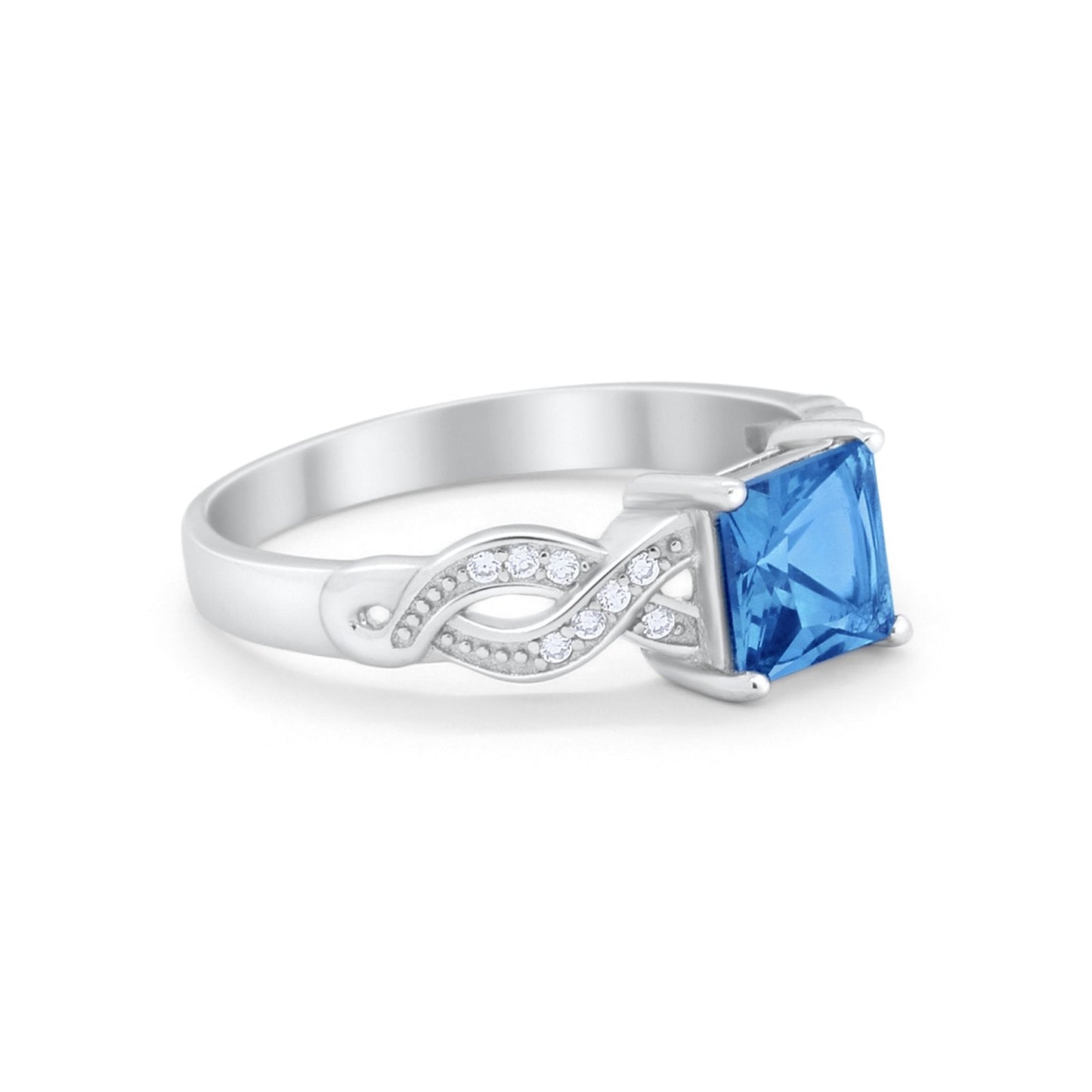 Solitaire Infinity Shank Ring Princess Cut Simulated Blue Topaz CZ