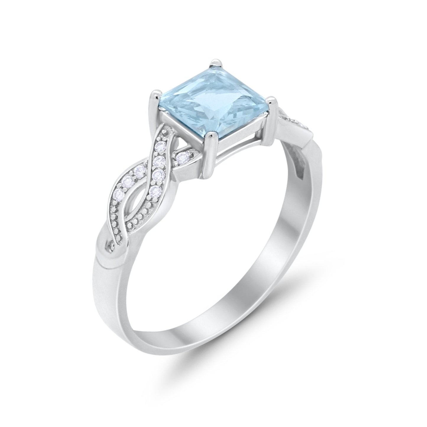 Solitaire Infinity Shank Ring Princess Cut Simulated Aquamarine CZ