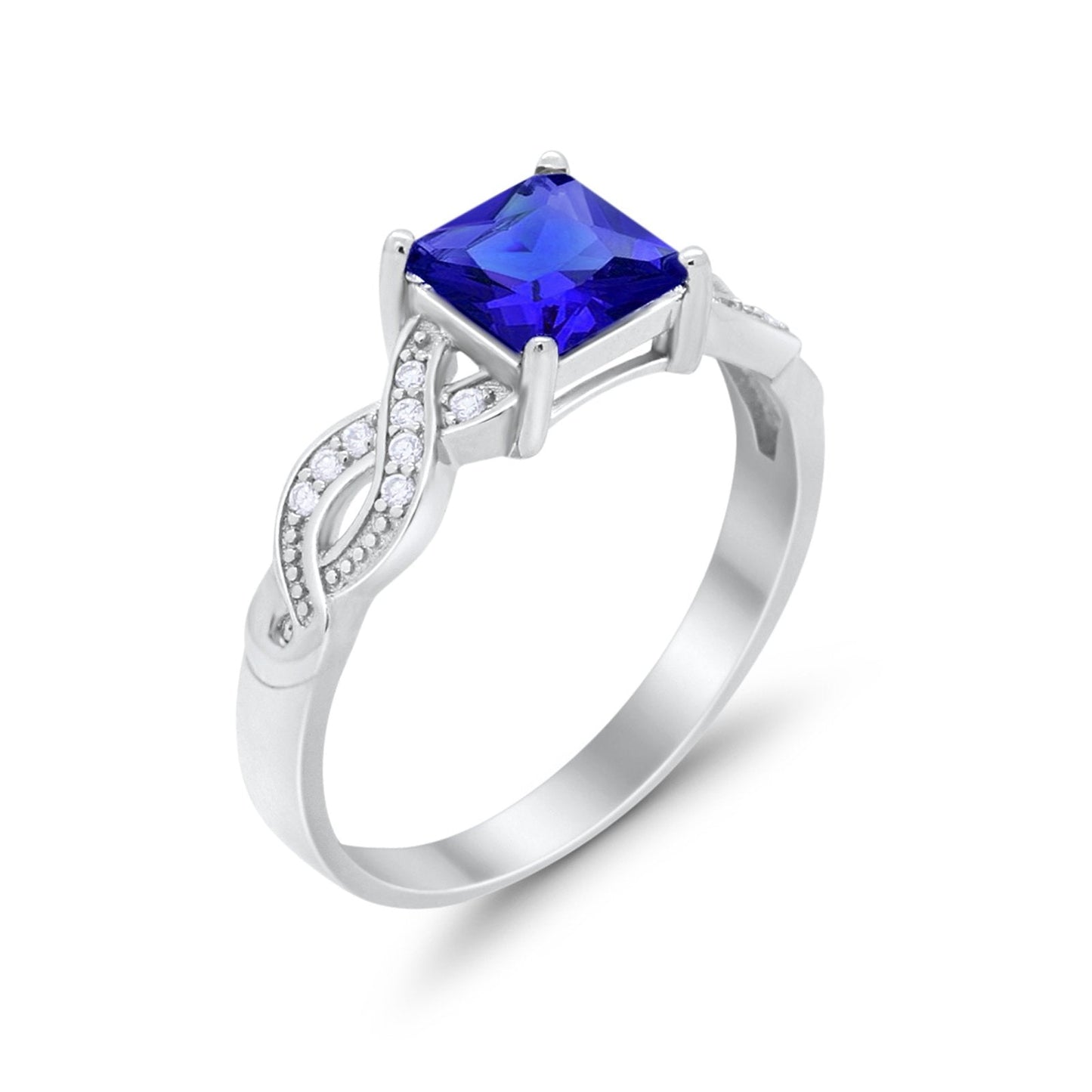 Solitaire Infinity Shank Ring Princess Cut Simulated Blue Sapphire CZ