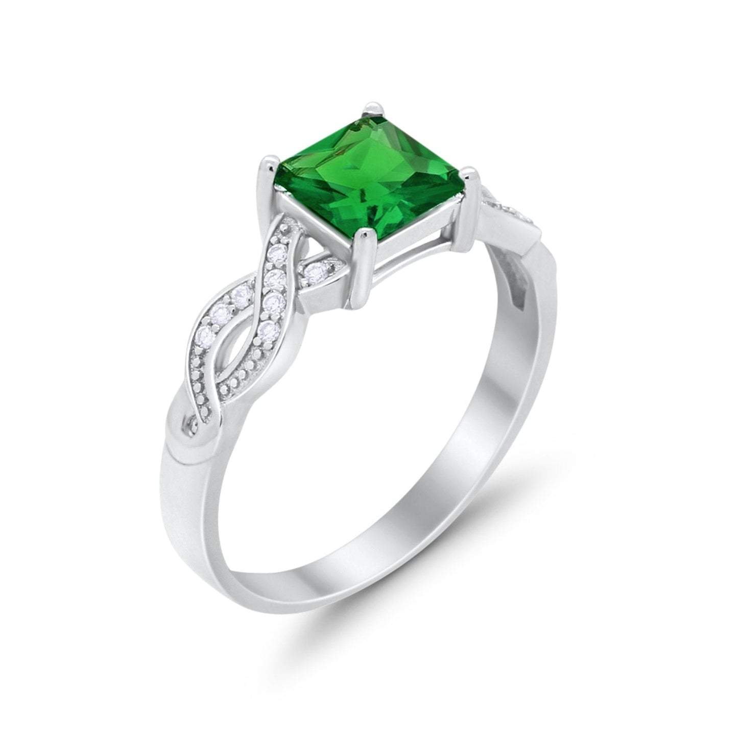 Solitaire Infinity Shank Ring Princess Cut Simulated Green Emerald CZ