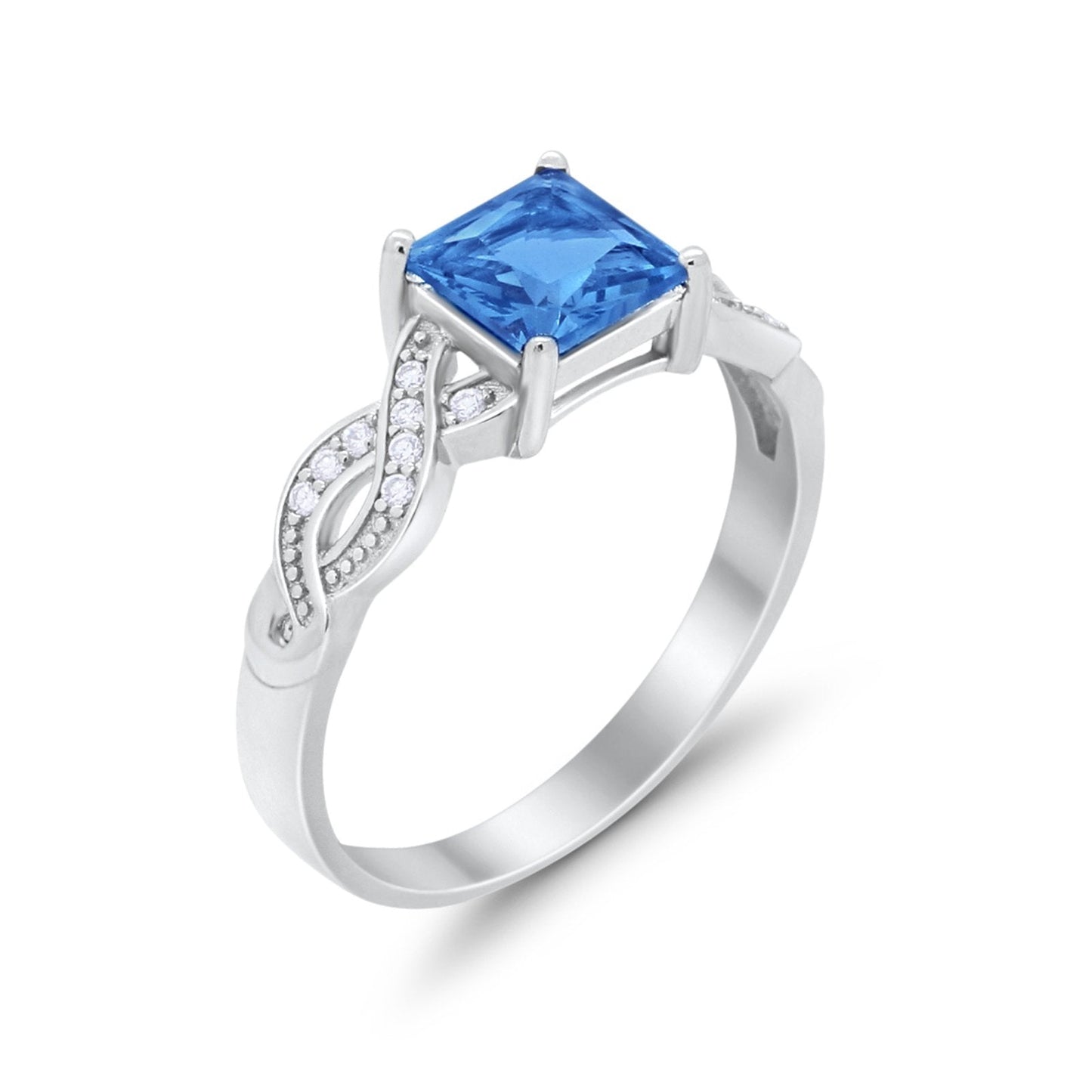 Solitaire Infinity Shank Ring Princess Cut Simulated Blue Topaz CZ