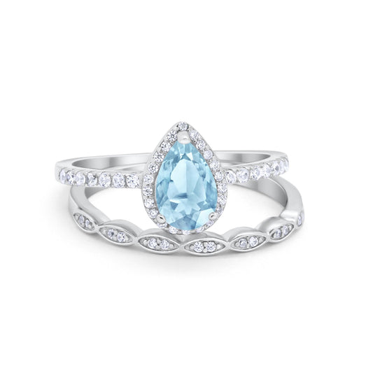 Art Deco Teardrop Piece Wedding Ring Simulated Aquamarine CZ