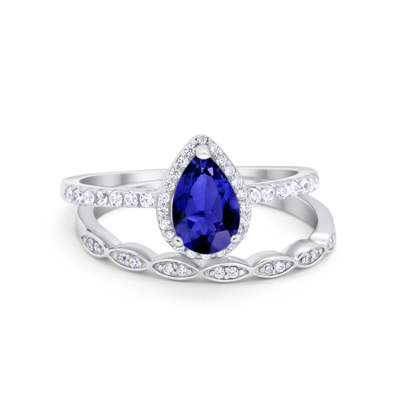 Art Deco Teardrop Wedding Piece Ring Simulated Blue Sapphire CZ