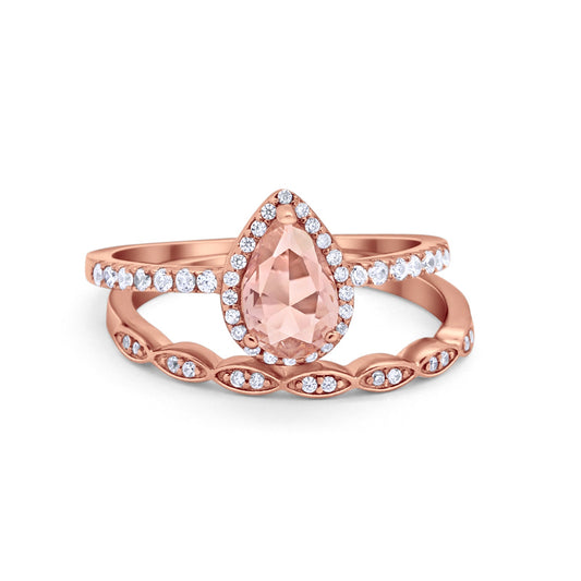 Art Deco Teardrop Rose Tone, Simulated Morganite CZ Wedding Bridal Ring