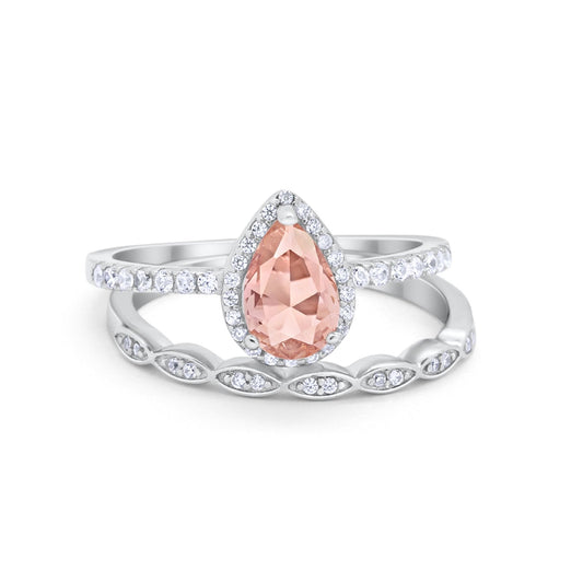 Art Deco Teardrop Piece Wedding Ring Simulated Morganite CZ