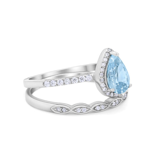 Art Deco Teardrop Piece Wedding Ring Simulated Aquamarine CZ