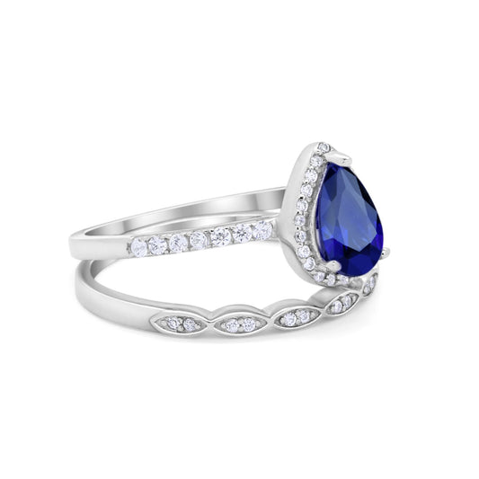 Art Deco Teardrop Wedding Piece Ring Simulated Blue Sapphire CZ