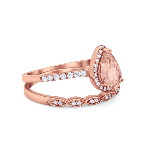 Art Deco Teardrop Rose Tone, Simulated Morganite CZ Wedding Bridal Ring