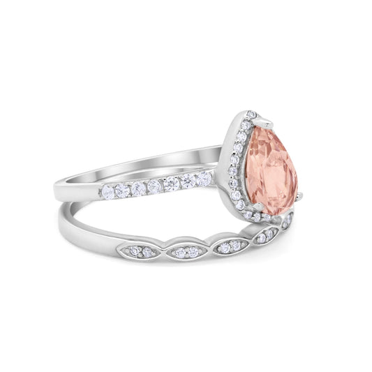 Art Deco Teardrop Piece Wedding Ring Simulated Morganite CZ