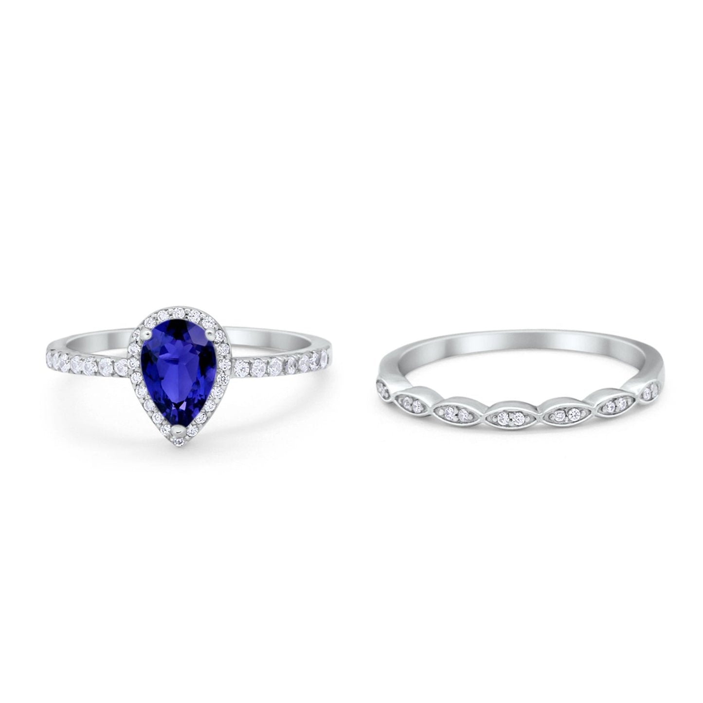 Art Deco Teardrop Wedding Piece Ring Simulated Blue Sapphire CZ