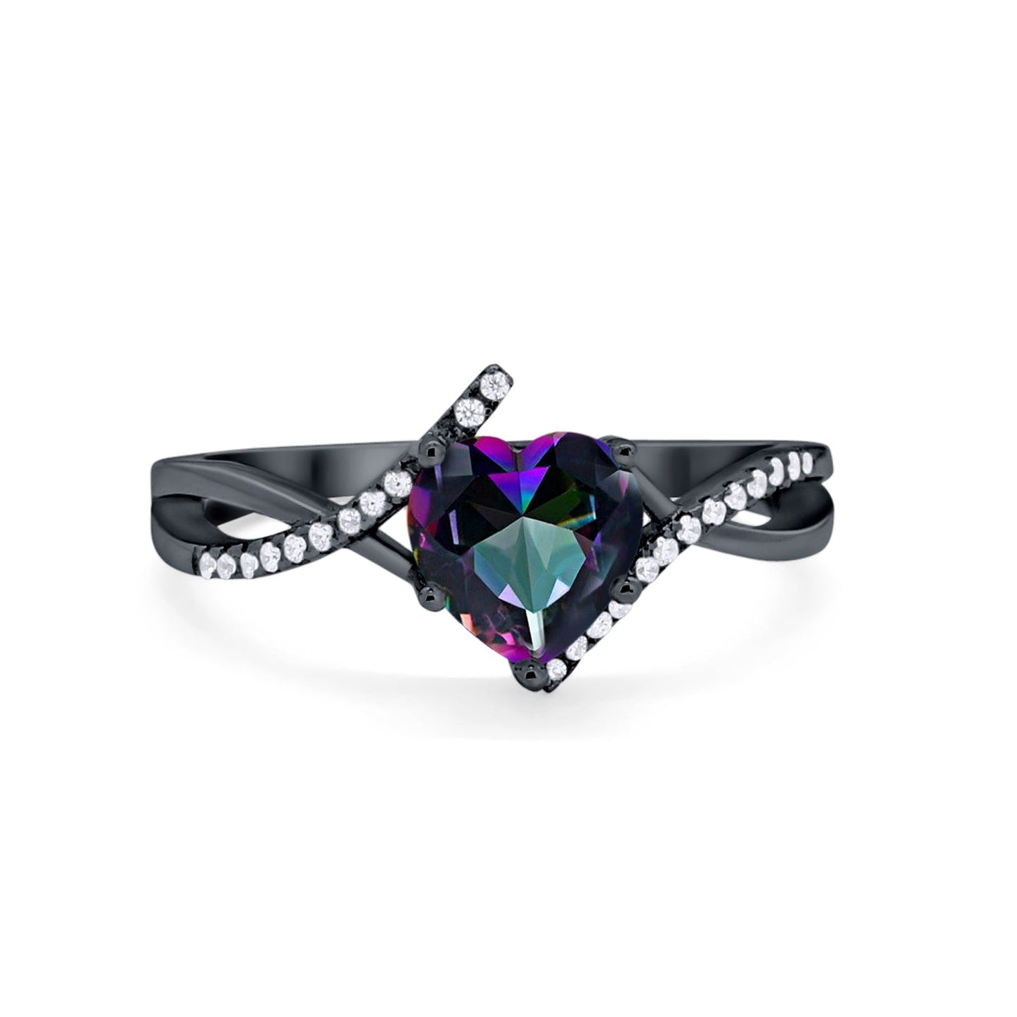 Twisted Heart Shank Black Tone, Simulated Rainbow CZ Promise Ring