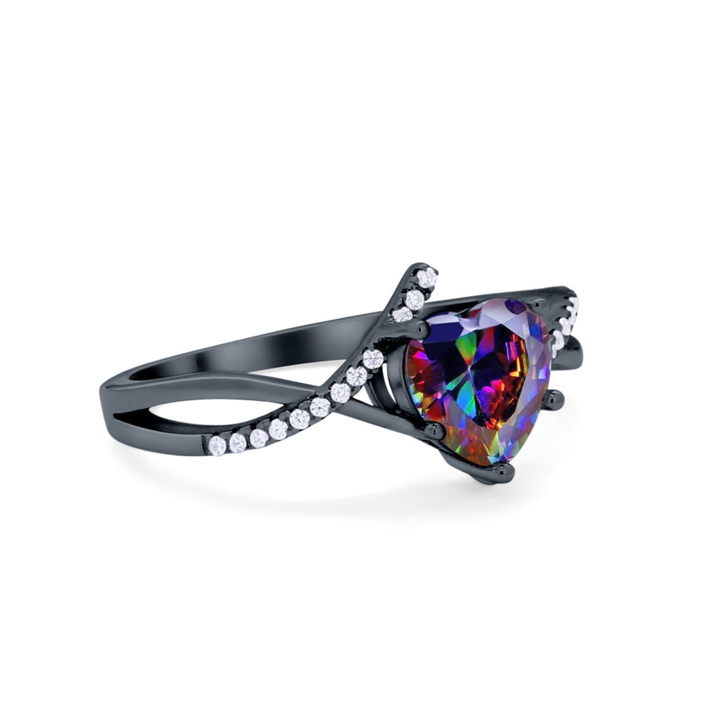 Twisted Heart Shank Black Tone, Simulated Rainbow CZ Promise Ring