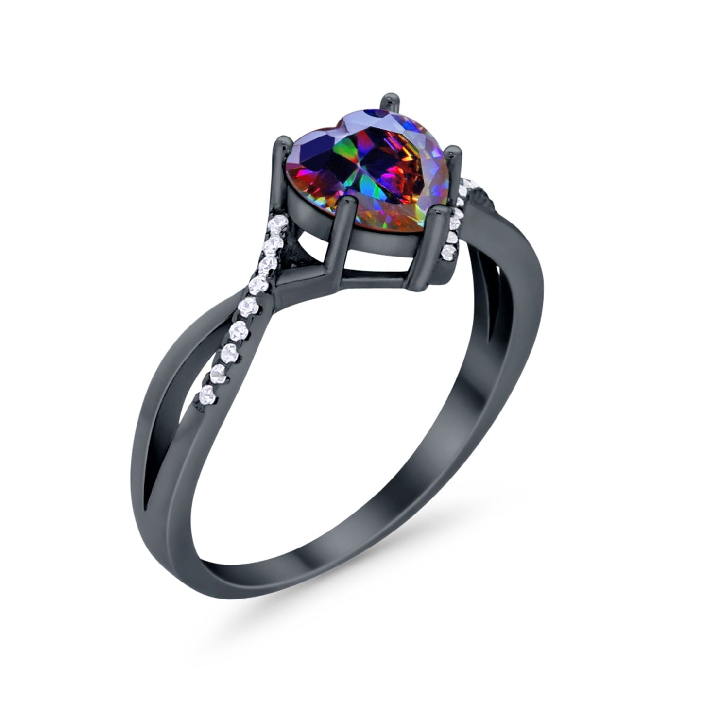 Twisted Heart Shank Black Tone, Simulated Rainbow CZ Promise Ring