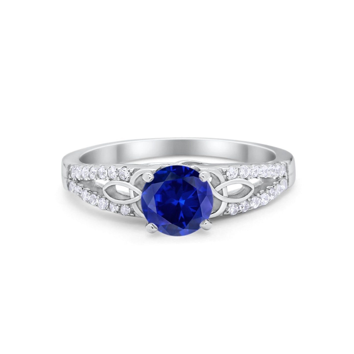 Celtic Art Deco Wedding Ring Round Simulated Blue Sapphire CZ