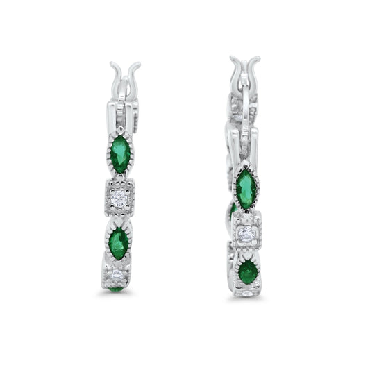 Art Deco Marquise Round Simulated Green Emerald CZ Hoop Earrings