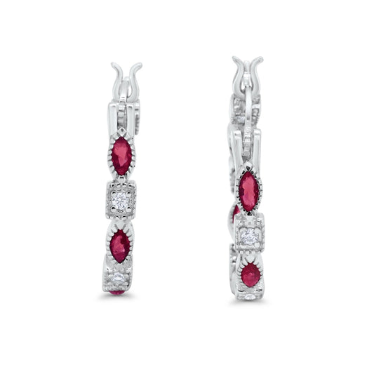 Art Deco Marquise Round Simulated Ruby CZ Hoop Earrings