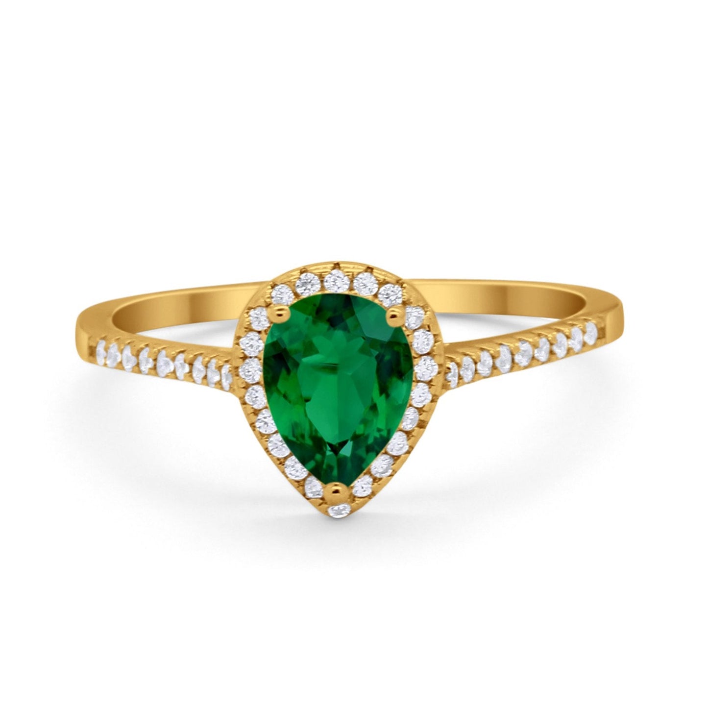 Art Deco Teardrop Pear Wedding Ring Yellow Tone, Simulated Emerald CZ