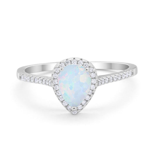 Art Deco Teardrop Pear Wedding Ring Lab Created White Opal