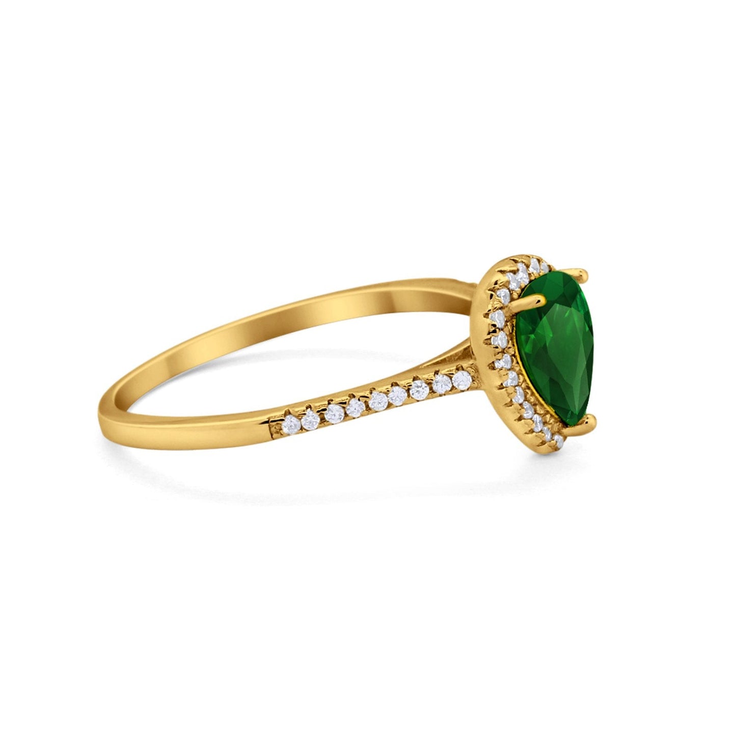 Art Deco Teardrop Pear Wedding Ring Yellow Tone, Simulated Emerald CZ