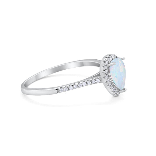 Art Deco Teardrop Pear Wedding Ring Lab Created White Opal