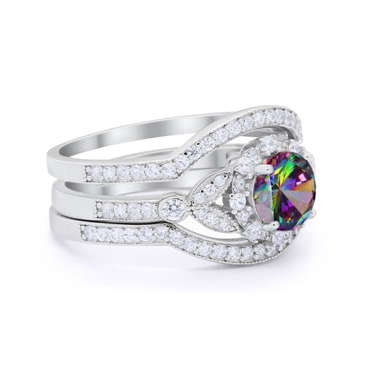 3 Piece Wedding Ring Bridal Set Round Simulated Rainbow CZ