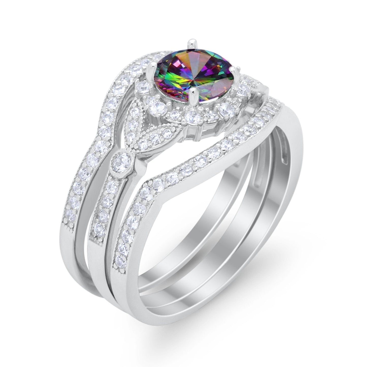 3 Piece Wedding Ring Bridal Set Round Simulated Rainbow CZ