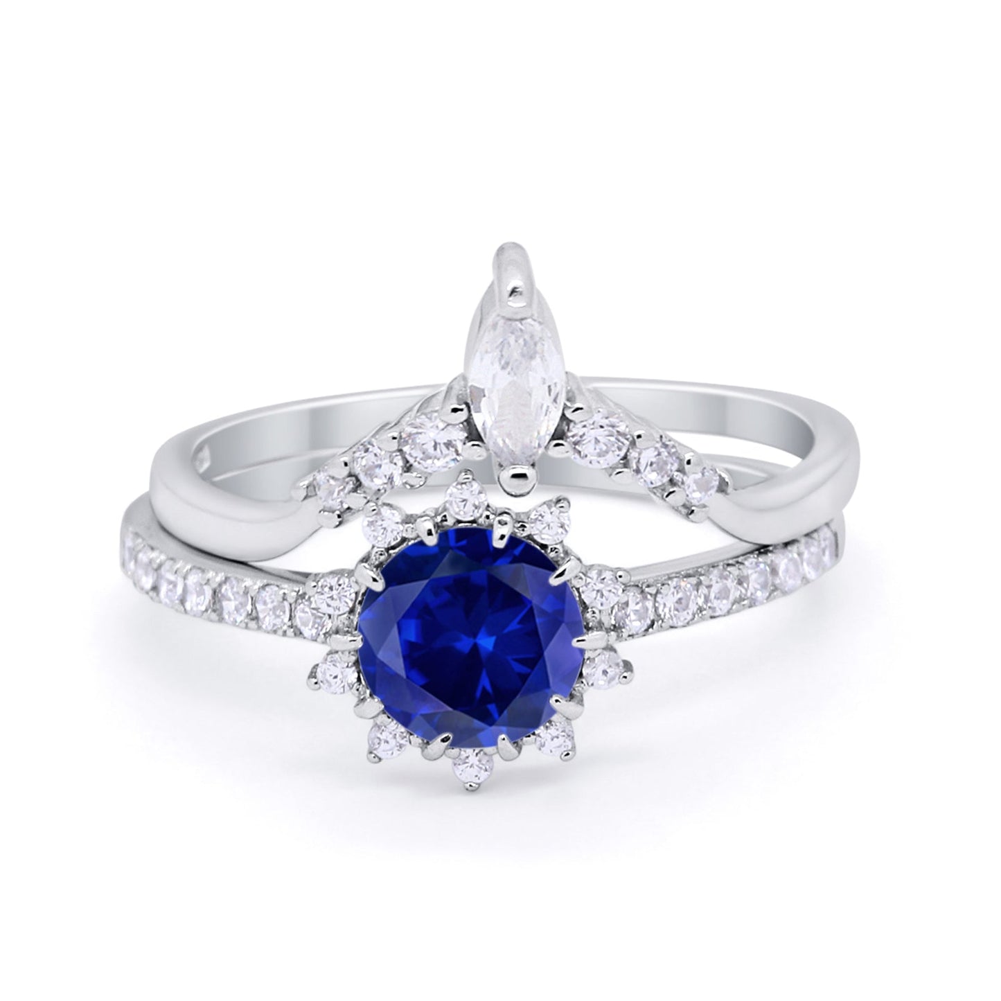 Two Piece Art Deco Bridal Set Ring Band Round Simulated Blue Sapphire CZ