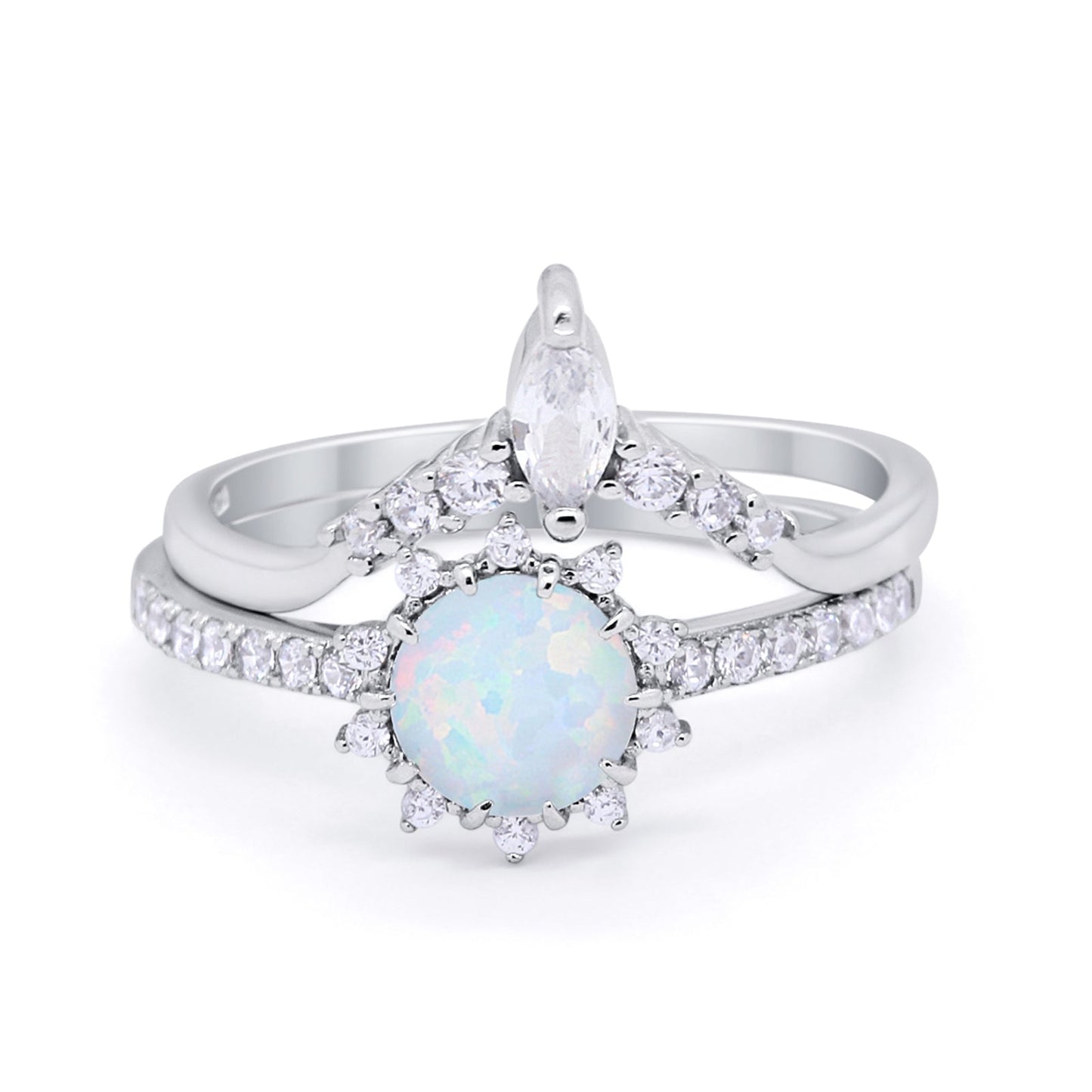 Two Piece Round Lab Created White Opal Bridal Set Ring