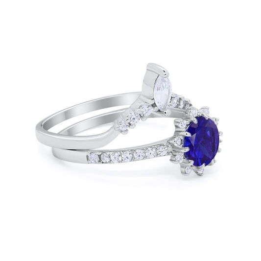 Two Piece Art Deco Bridal Set Ring Band Round Simulated Blue Sapphire CZ