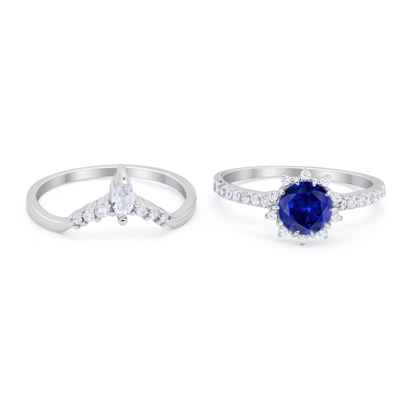 Two Piece Art Deco Bridal Set Ring Band Round Simulated Blue Sapphire CZ