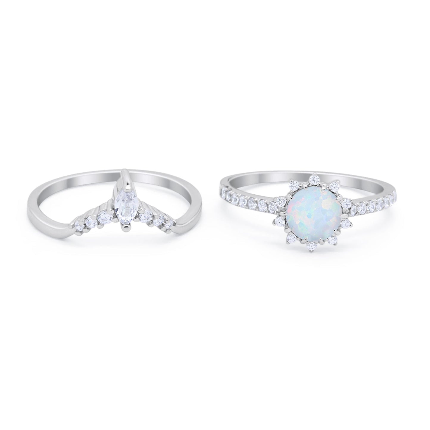 Two Piece Round Lab Created White Opal Bridal Set Ring