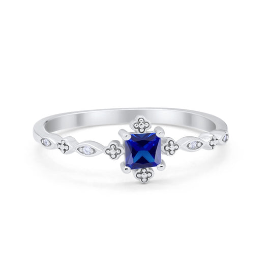 Art Deco Petite Dainty Wedding Ring Simulated Blue Sapphire CZ