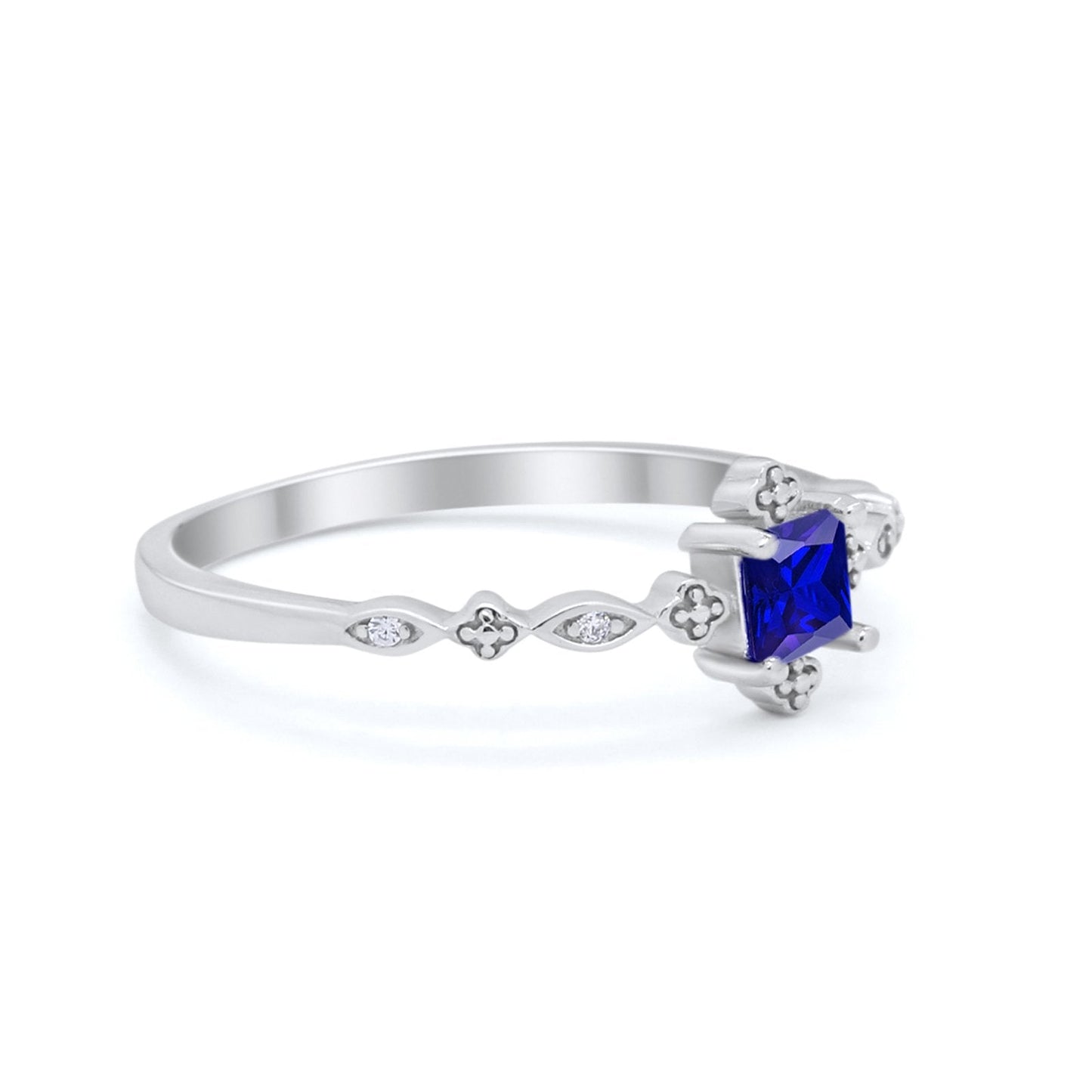 Art Deco Petite Dainty Wedding Ring Simulated Blue Sapphire CZ