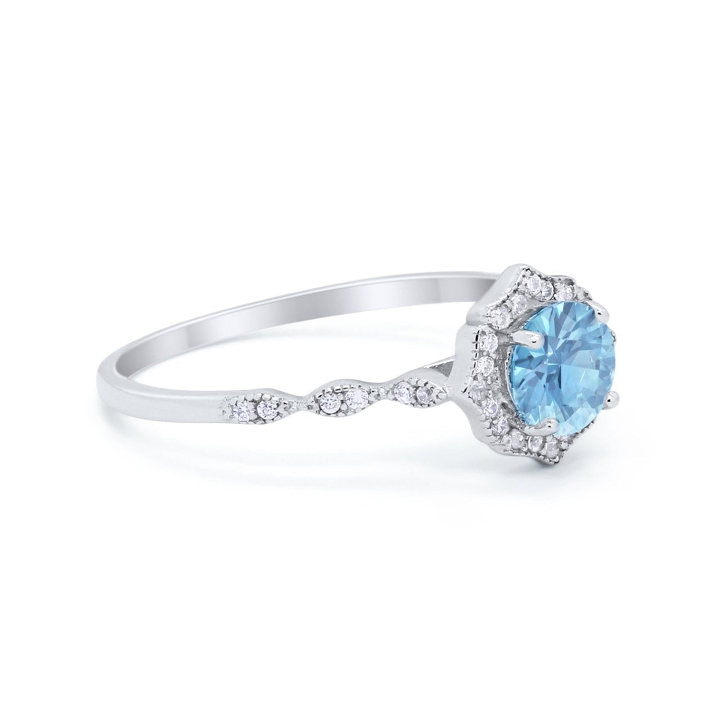 Petite Dainty Wedding Ring Round Simulated Aquamarine CZ