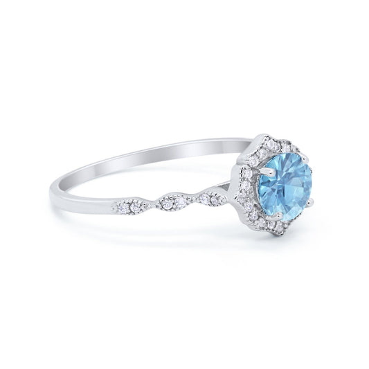 Petite Dainty Wedding Ring Round Simulated Aquamarine CZ