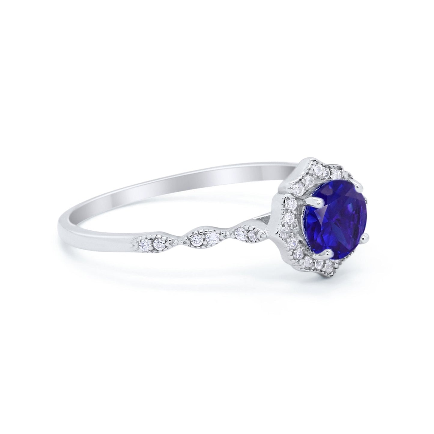 Petite Dainty Wedding Ring Round Simulated Blue Sapphire CZ