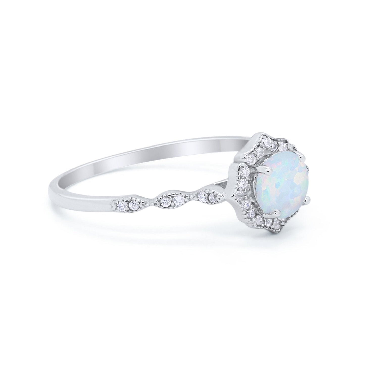 Petite Dainty Round Lab Created White Opal Wedding Ring