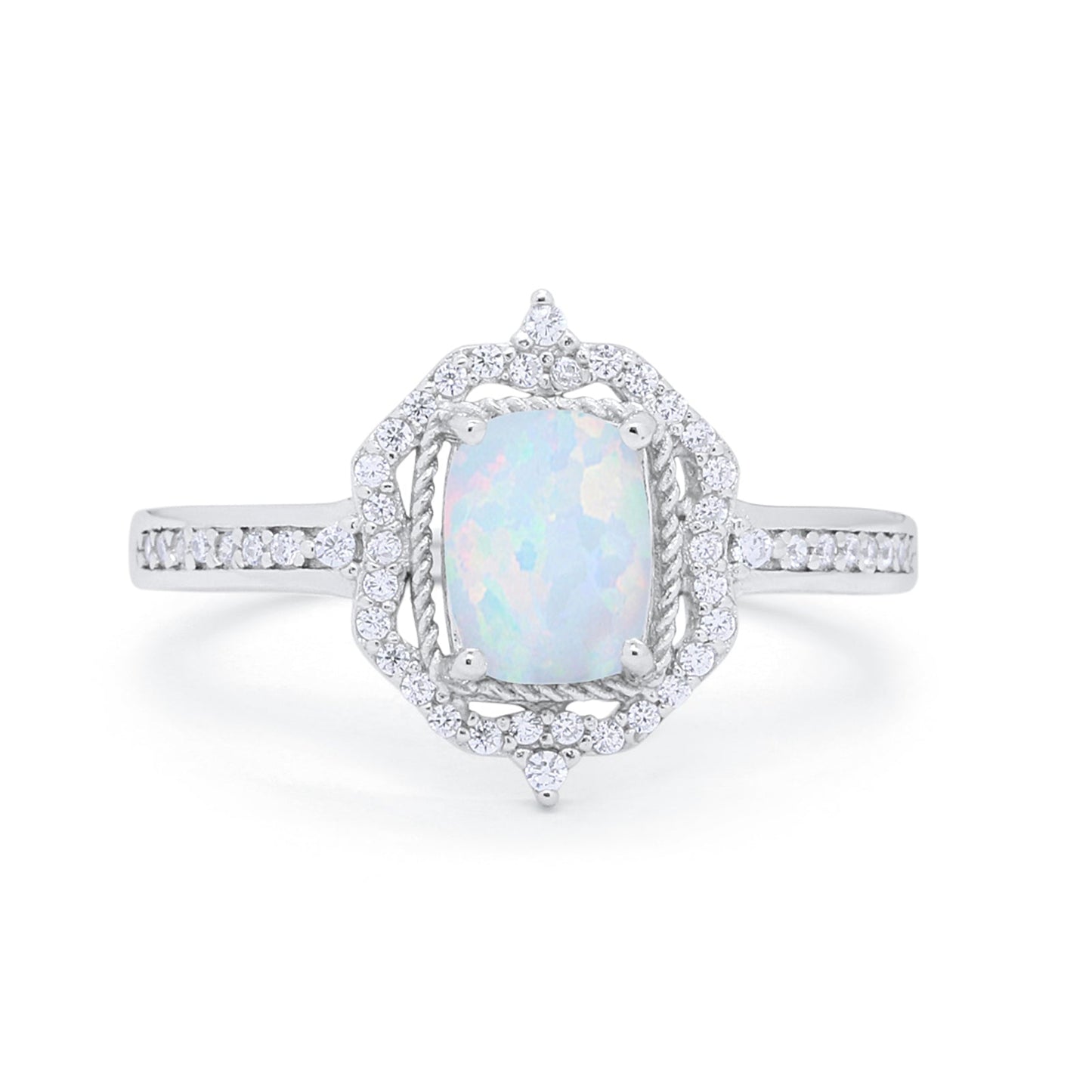 Halo Emerald Cut Lab Created White Opal  Wedding Ring