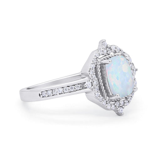 Halo Emerald Cut Lab Created White Opal  Wedding Ring