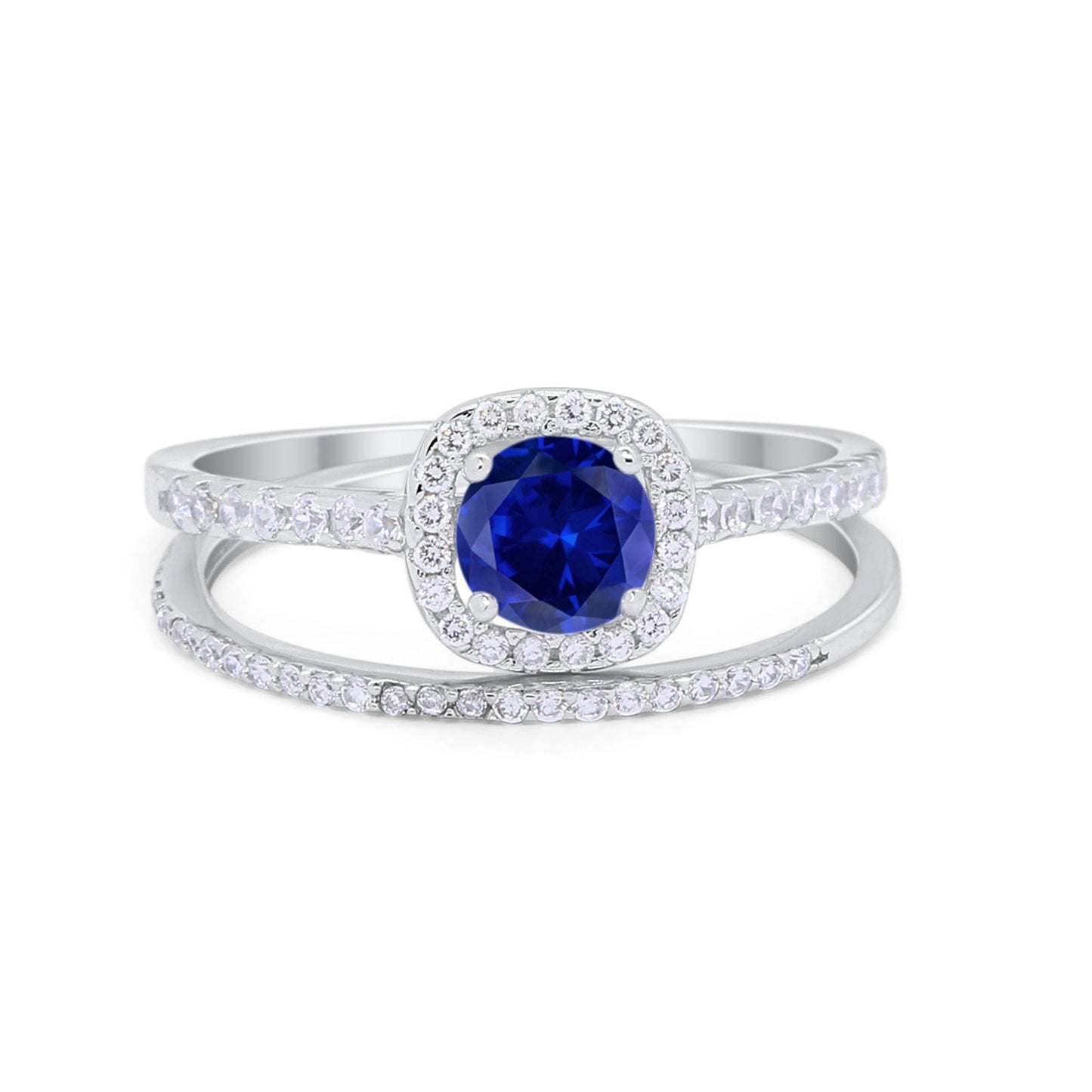 Two Piece Halo Bridal Simulated Blue Sapphire CZ Wedding Ring