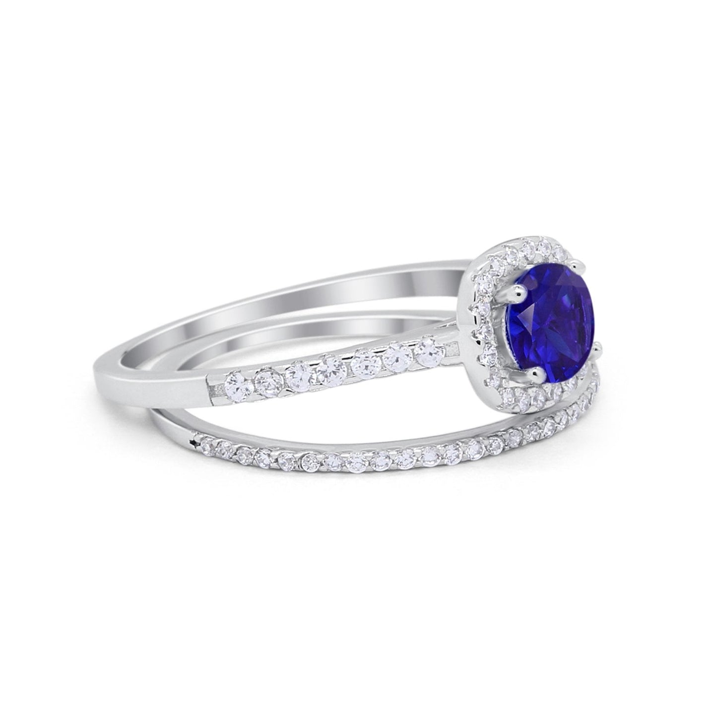 Two Piece Halo Bridal Simulated Blue Sapphire CZ Wedding Ring